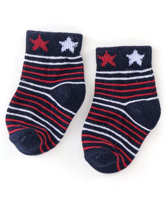 Cute Walk by Babyhug Non Terry Anti Bacterial Ankle Length Socks Stripes & Star Design Pack of 5 - Red Blue & White