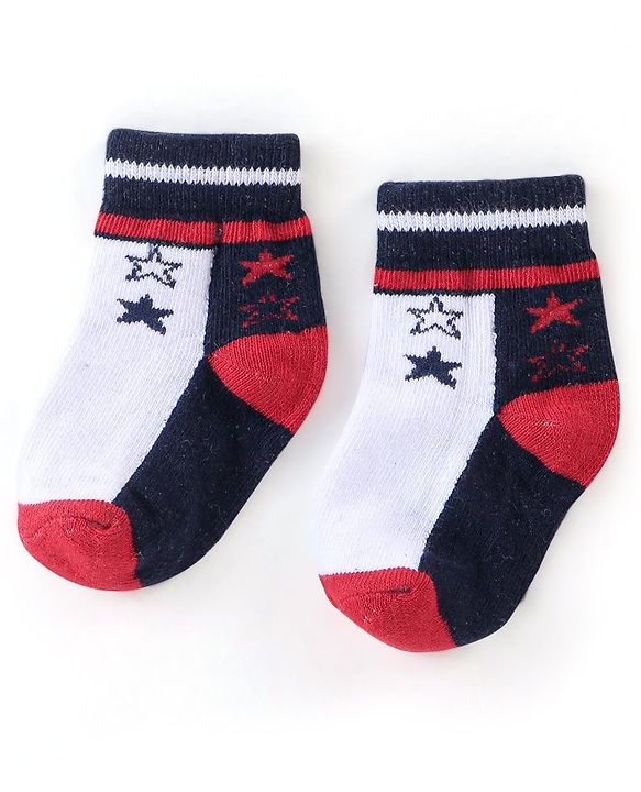 Cute Walk by Babyhug Non Terry Anti Bacterial Ankle Length Socks Stripes & Star Design Pack of 5 - Red Blue & White