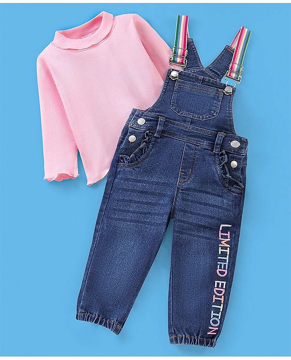Babyhug 100% Cotton Full Sleeves Solid Colour T-Shirt With Dungaree Text Embroidered - Pink & Indigo