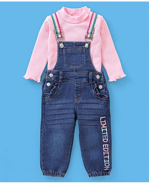 Babyhug 100% Cotton Full Sleeves Solid Colour T-Shirt With Dungaree Text Embroidered - Pink & Indigo