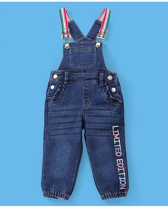 Babyhug 100% Cotton Full Sleeves Solid Colour T-Shirt With Dungaree Text Embroidered - Pink & Indigo