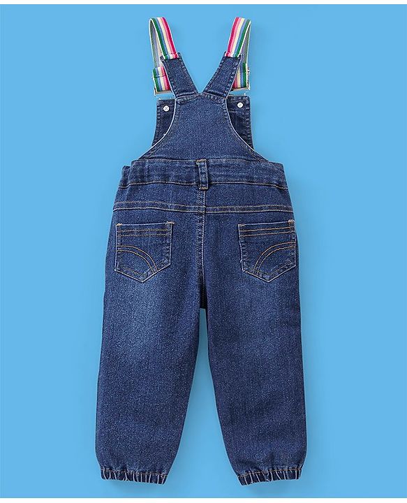 Babyhug 100% Cotton Full Sleeves Solid Colour T-Shirt With Dungaree Text Embroidered - Pink & Indigo