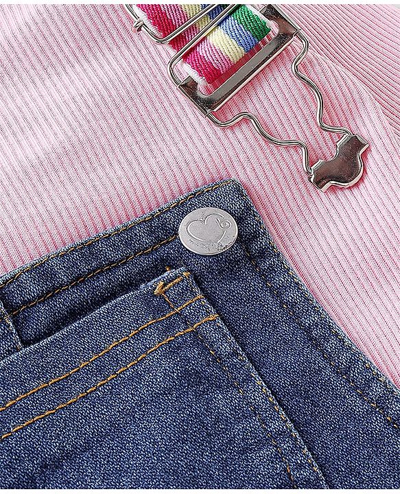 Babyhug 100% Cotton Full Sleeves Solid Colour T-Shirt With Dungaree Text Embroidered - Pink & Indigo