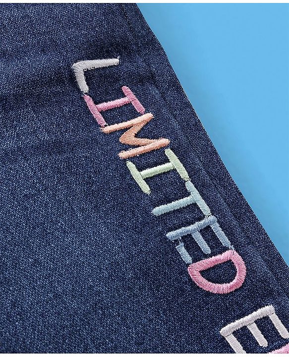 Babyhug 100% Cotton Full Sleeves Solid Colour T-Shirt With Dungaree Text Embroidered - Pink & Indigo