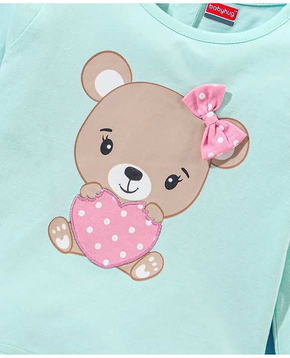 Babyhug 100% Cotton Full Sleeves Top & Skirt Bear Print - Blue & Pink