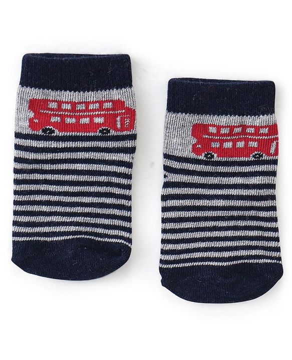 Cutewalk By Babyhug Antibacterial Ankle Length Socks Car & Stripes Design Pack Of 5- Navy Blue Red & Grey