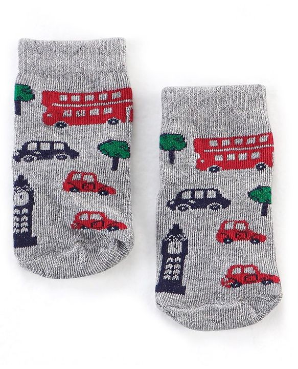 Cutewalk By Babyhug Antibacterial Ankle Length Socks Car & Stripes Design Pack Of 5- Navy Blue Red & Grey