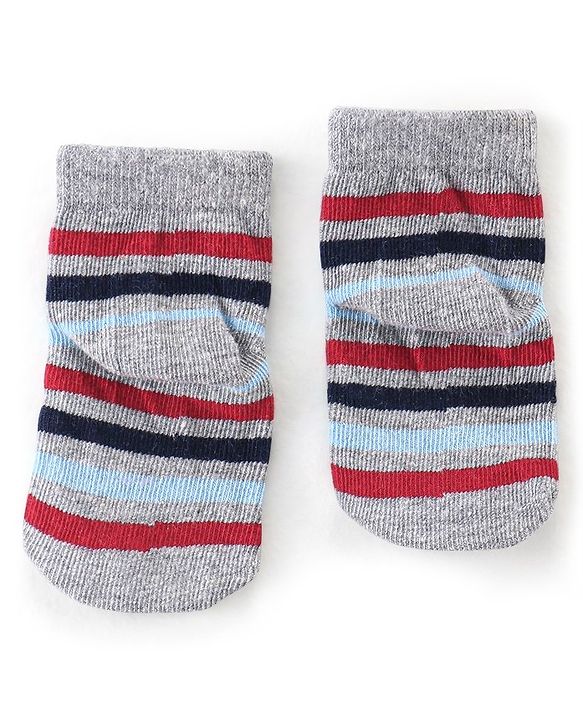 Cutewalk By Babyhug Antibacterial Ankle Length Socks Car & Stripes Design Pack Of 5- Navy Blue Red & Grey