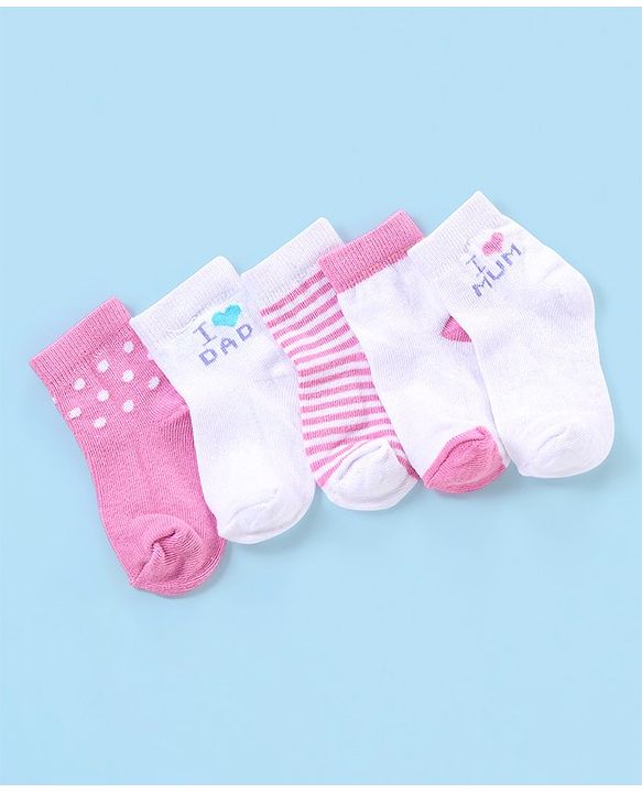 Cute Walk by Babyhug Non Terry Anti Bacterial Ankle Length Striped & Dots Design Socks Pack of 5 - White & Pink
