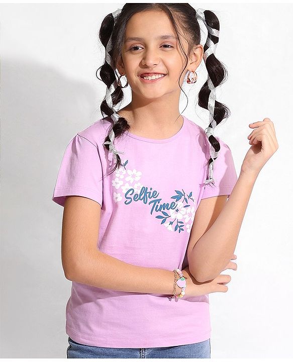 Pine Kids 100% Cotton Half Sleeves Bio Washed T-Shirt Floral Print - Pink