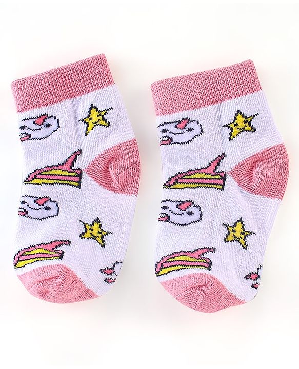 Cute Walk by Babyhug Non Terry Anti Bacterial Ankle Length Socks Unicorn Design Pack of 5 - Pink & White