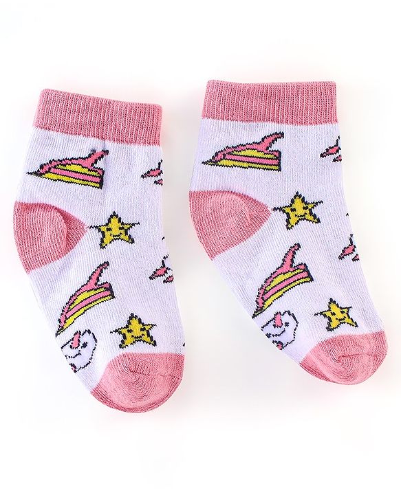 Cute Walk by Babyhug Non Terry Anti Bacterial Ankle Length Socks Unicorn Design Pack of 5 - Pink & White