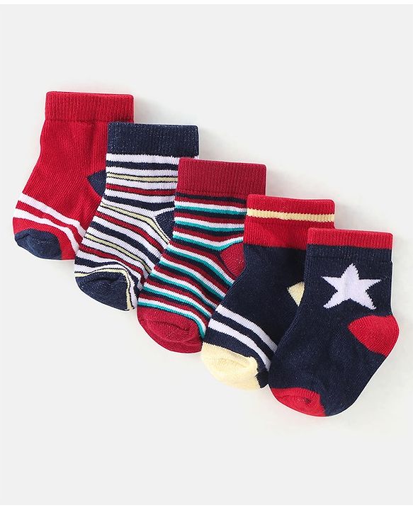 Cutewalk By Babyhug Anti Bacterial Ankle Length Socks Stripes & Star Design Pack Of 5- Navy Blue & Red