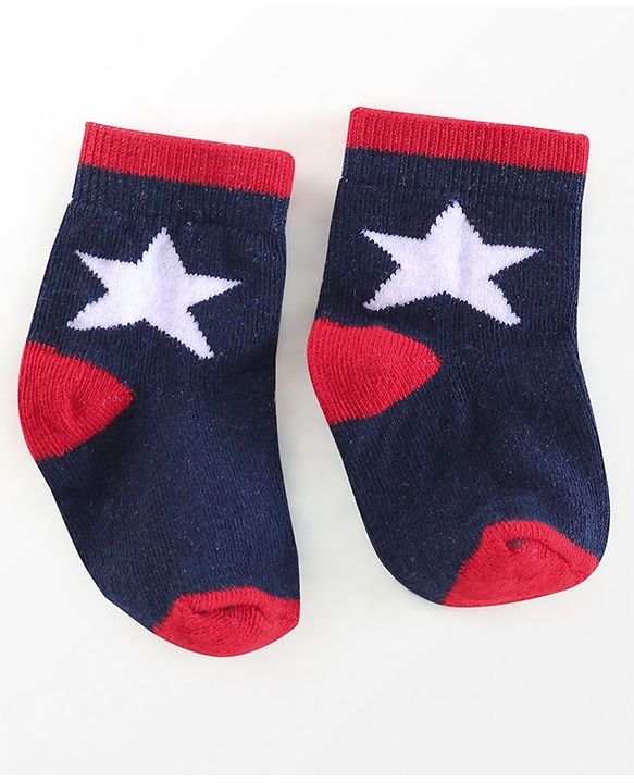 Cutewalk By Babyhug Anti Bacterial Ankle Length Socks Stripes & Star Design Pack Of 5- Navy Blue & Red