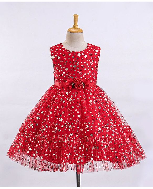 Babyhug Sleeveless Party Frock With Floral Corsage & Foil Stars Print- Red
