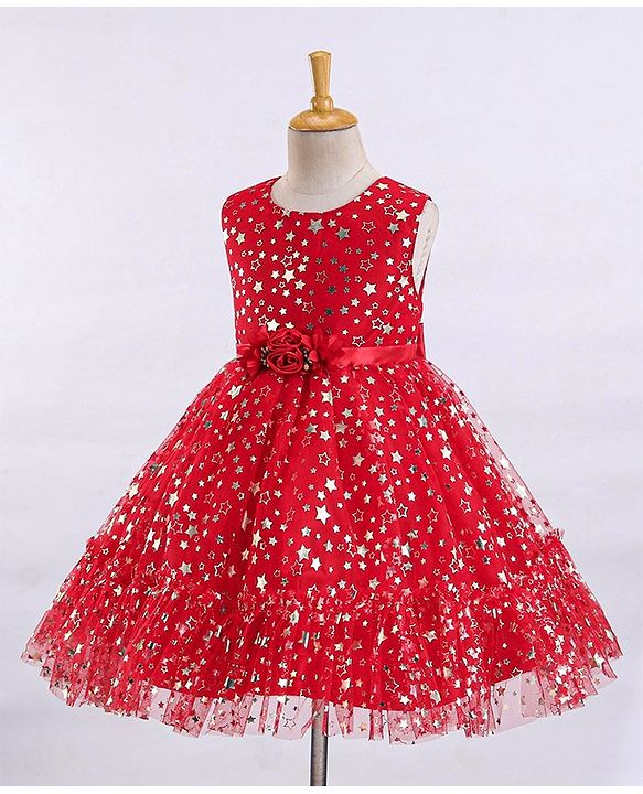 Babyhug Sleeveless Party Frock With Floral Corsage & Foil Stars Print- Red