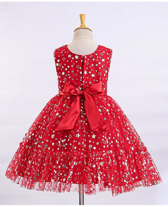 Babyhug Sleeveless Party Frock With Floral Corsage & Foil Stars Print- Red