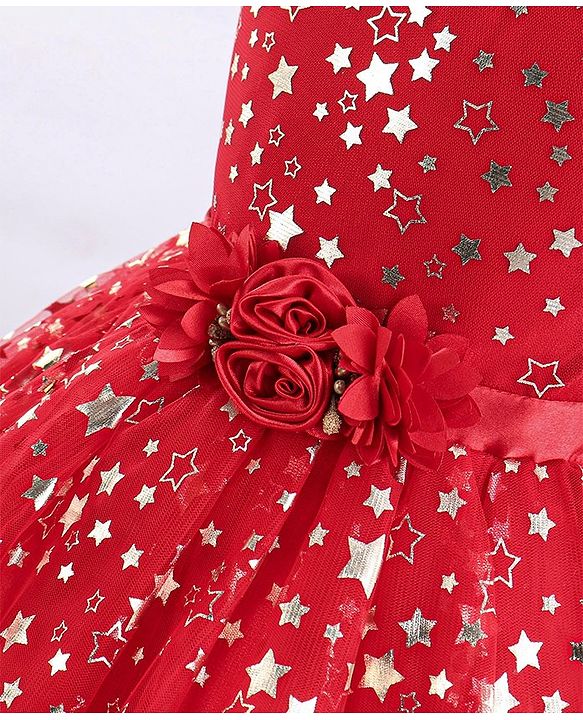 Babyhug Sleeveless Party Frock With Floral Corsage & Foil Stars Print- Red