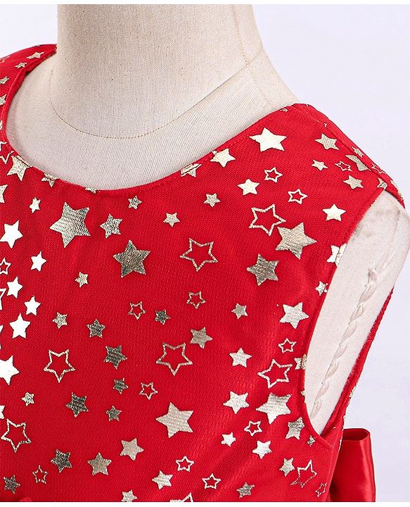 Babyhug Sleeveless Party Frock With Floral Corsage & Foil Stars Print- Red