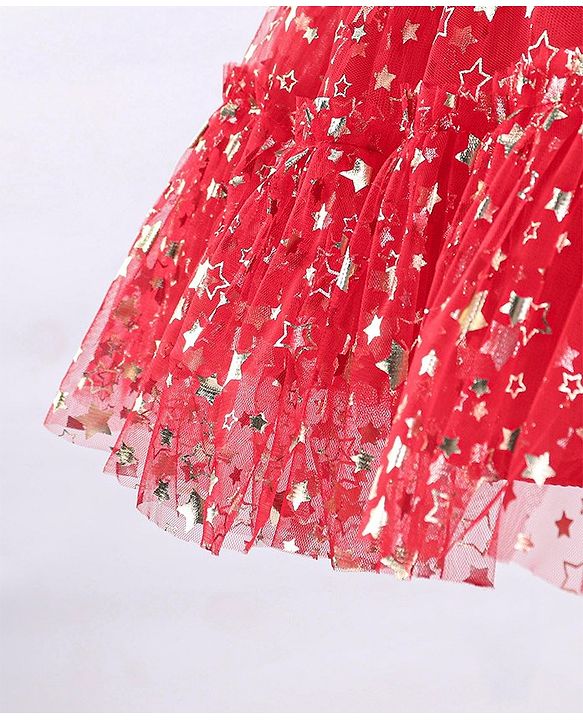 Babyhug Sleeveless Party Frock With Floral Corsage & Foil Stars Print- Red