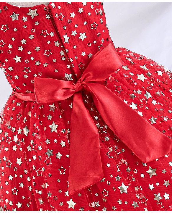 Babyhug Sleeveless Party Frock With Floral Corsage & Foil Stars Print- Red