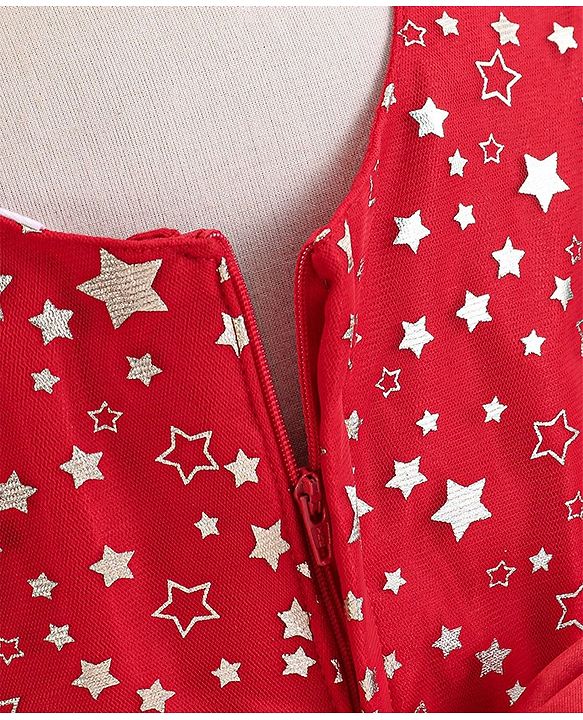 Babyhug Sleeveless Party Frock With Floral Corsage & Foil Stars Print- Red