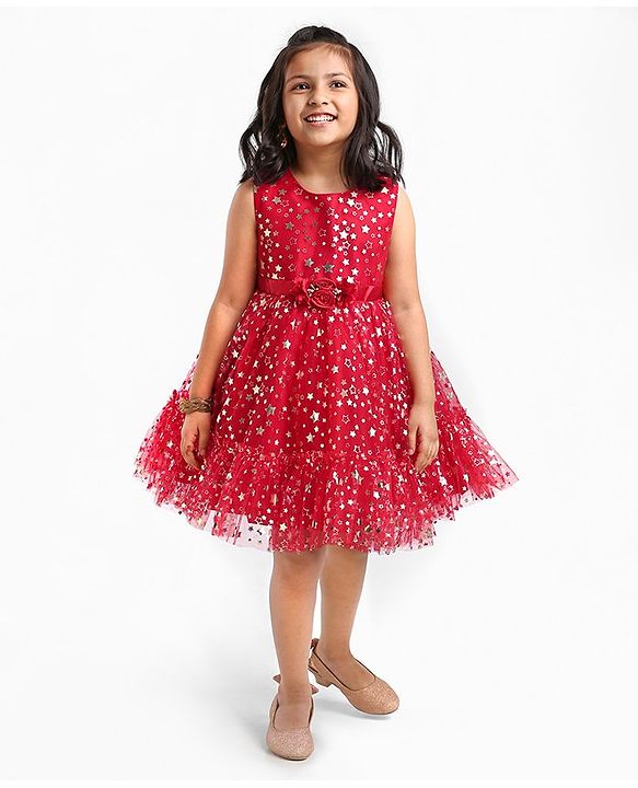 Babyhug Sleeveless Party Frock With Floral Corsage & Foil Stars Print- Red