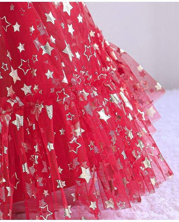 Babyhug Sleeveless Party Frock With Floral Corsage & Foil Stars Print- Red
