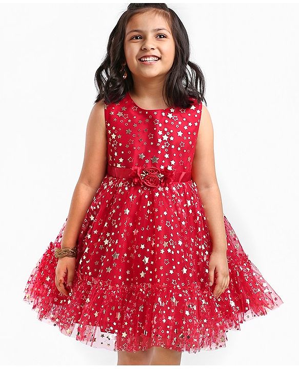 Babyhug Sleeveless Party Frock With Floral Corsage & Foil Stars Print- Red