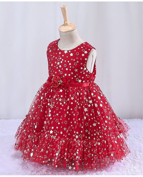 Babyhug Sleeveless Party Frock With Floral Corsage & Foil Stars Print- Red