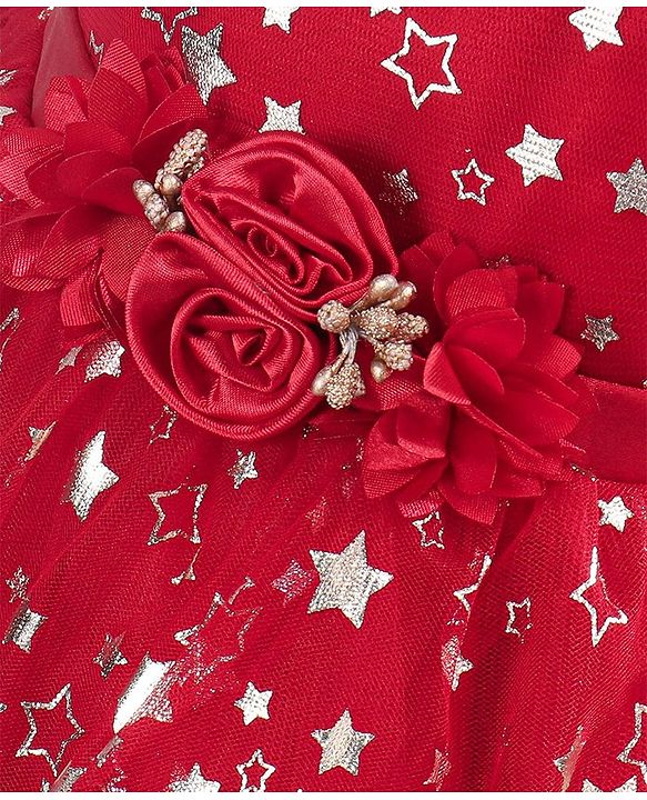 Babyhug Sleeveless Party Frock With Floral Corsage & Foil Stars Print- Red