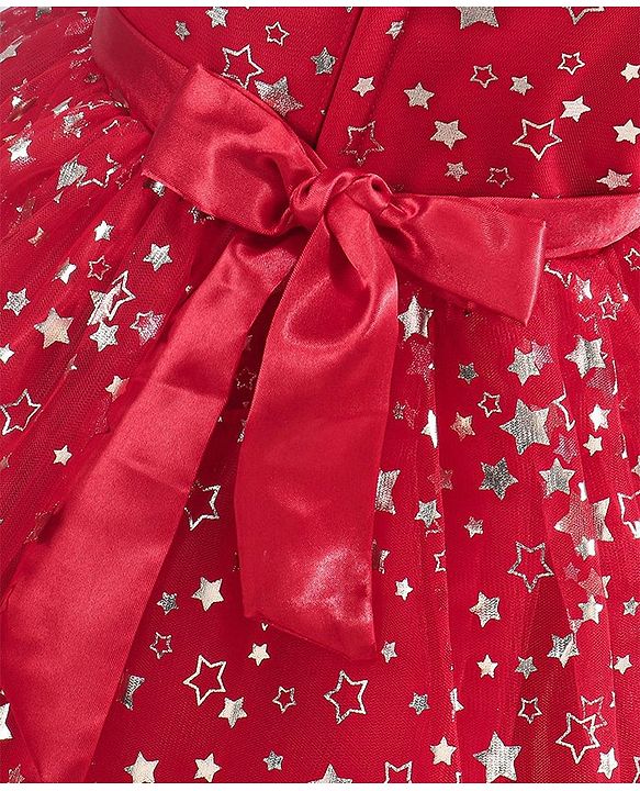 Babyhug Sleeveless Party Frock With Floral Corsage & Foil Stars Print- Red