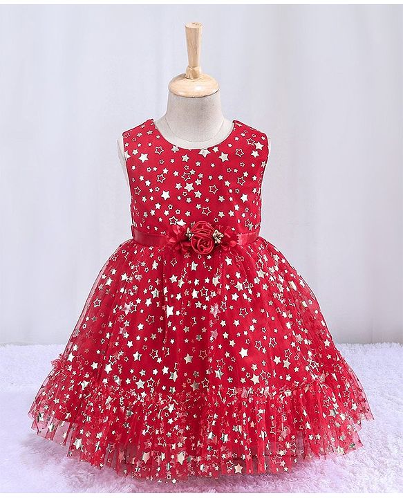 Babyhug Sleeveless Party Frock With Floral Corsage & Foil Stars Print- Red
