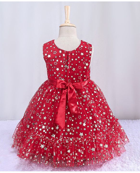 Babyhug Sleeveless Party Frock With Floral Corsage & Foil Stars Print- Red