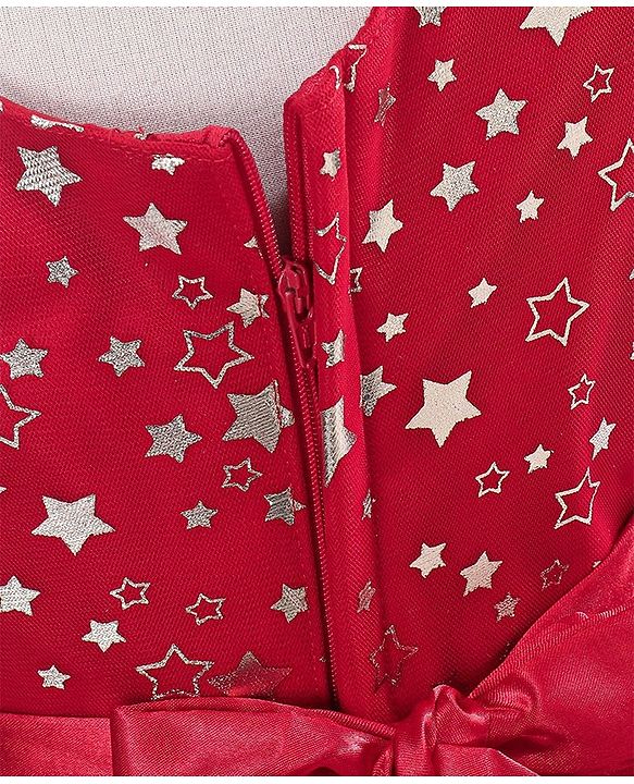 Babyhug Sleeveless Party Frock With Floral Corsage & Foil Stars Print- Red