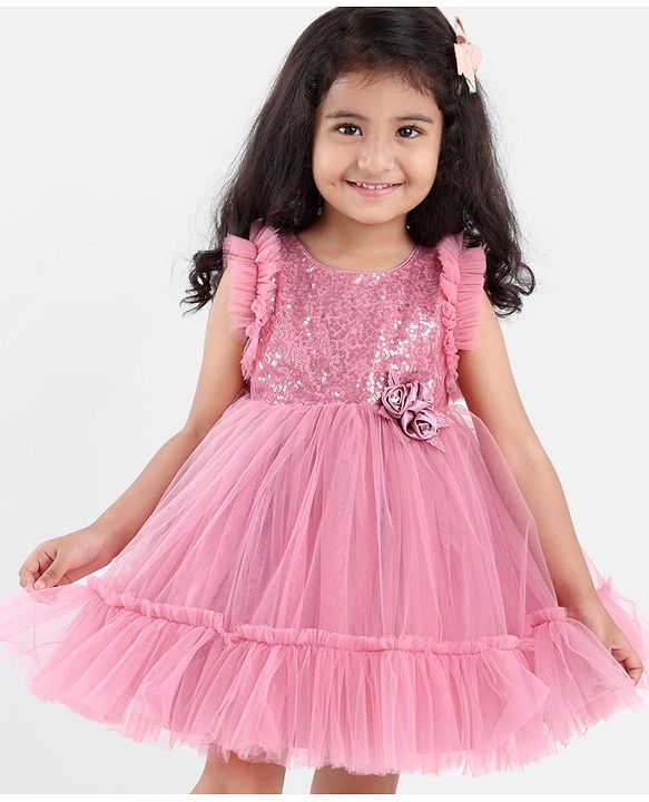 Babyhug Sleeveless Sequined Party Frock with 3D Floral Applique - Dusky Pink