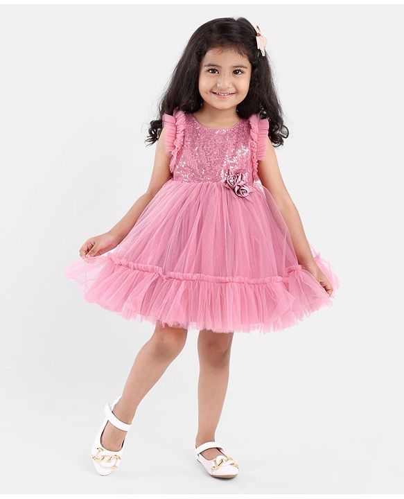 Babyhug Sleeveless Sequined Party Frock with 3D Floral Applique - Dusky Pink
