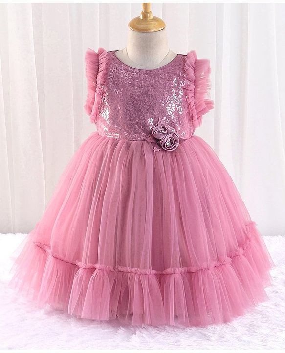 Babyhug Sleeveless Sequined Party Frock with 3D Floral Applique - Dusky Pink