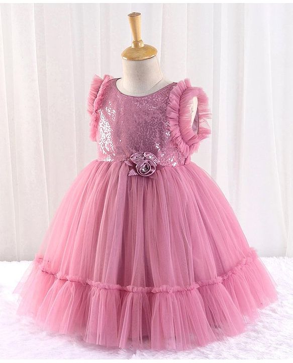 Babyhug Sleeveless Sequined Party Frock with 3D Floral Applique - Dusky Pink