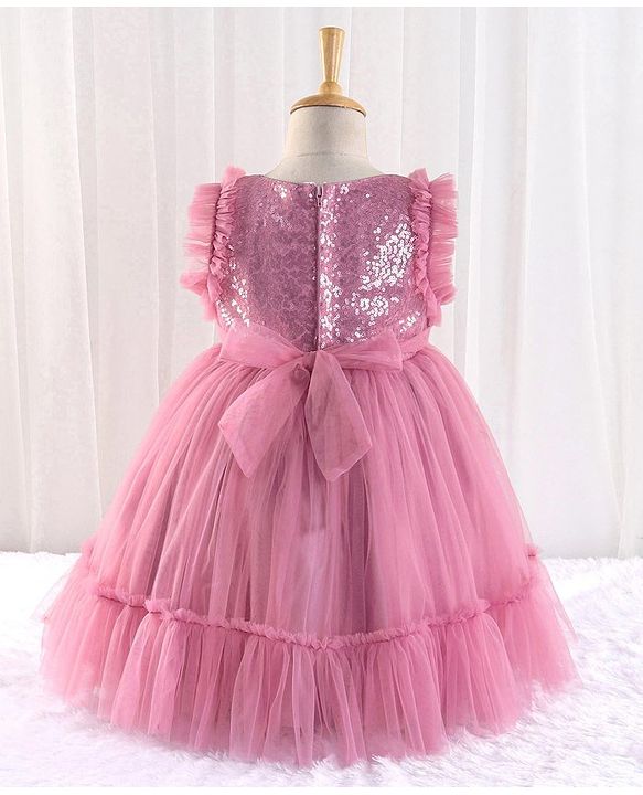 Babyhug Sleeveless Sequined Party Frock with 3D Floral Applique - Dusky Pink