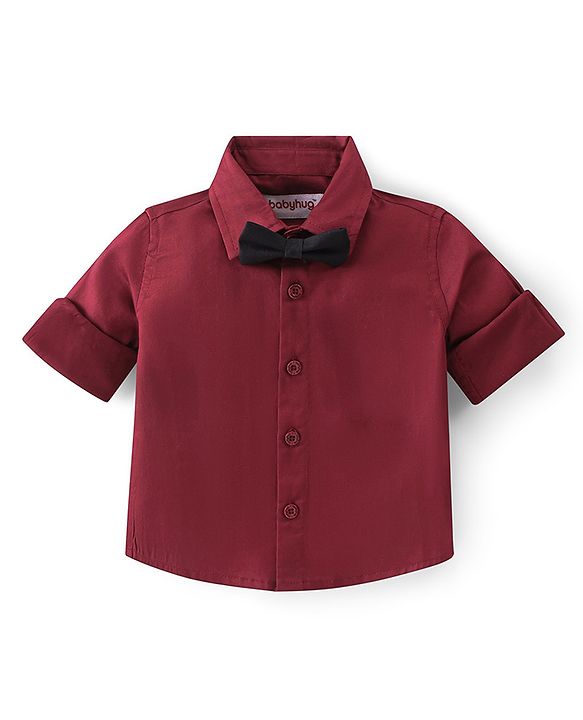 Babyhug Woven Full Sleeves Solid Party Shirt & Trouser Set with Bow & Suspenders - Maroon & Black