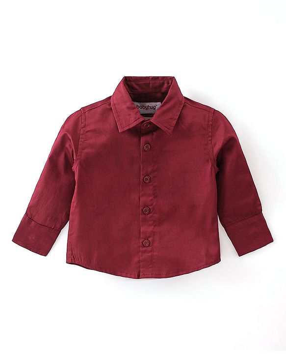 Babyhug Woven Full Sleeves Solid Party Shirt & Trouser Set with Bow & Suspenders - Maroon & Black