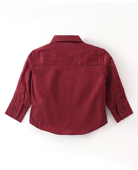 Babyhug Woven Full Sleeves Solid Party Shirt & Trouser Set with Bow & Suspenders - Maroon & Black