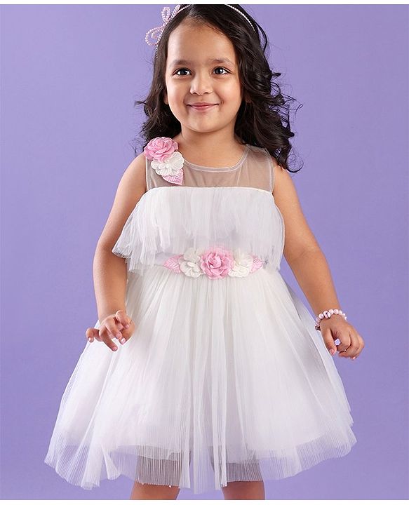 Babyhug Sleeveless Party Frock in Pleated Net with Floral Applique - White