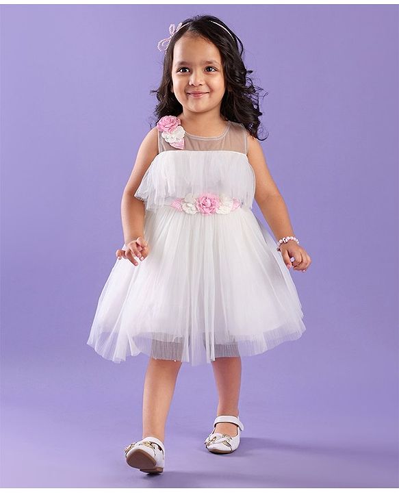Babyhug Sleeveless Party Frock in Pleated Net with Floral Applique - White