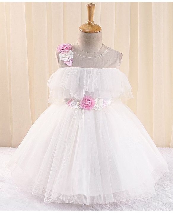 Babyhug Sleeveless Party Frock in Pleated Net with Floral Applique - White