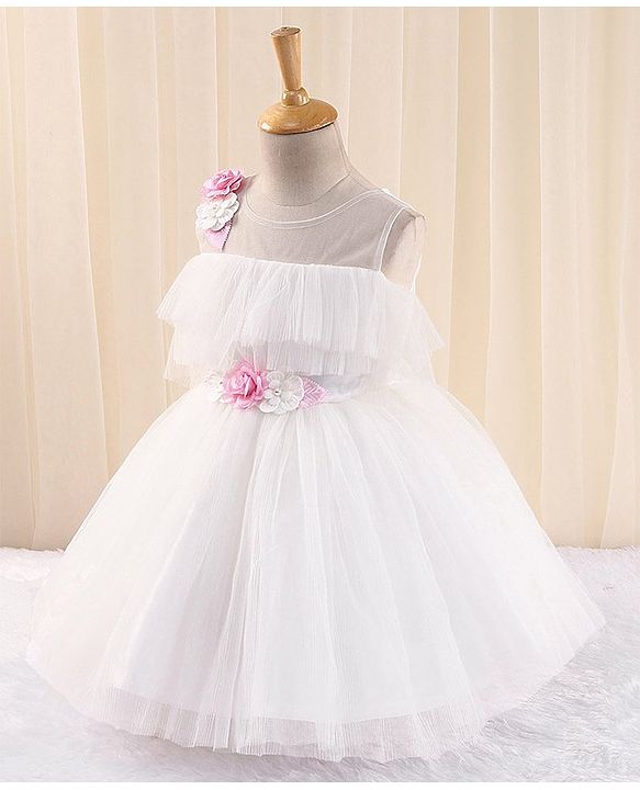 Babyhug Sleeveless Party Frock in Pleated Net with Floral Applique - White
