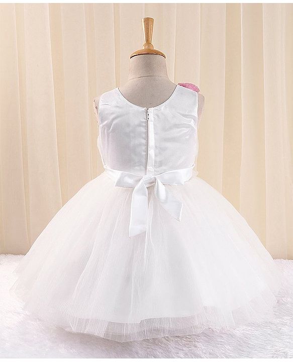 Babyhug Sleeveless Party Frock in Pleated Net with Floral Applique - White