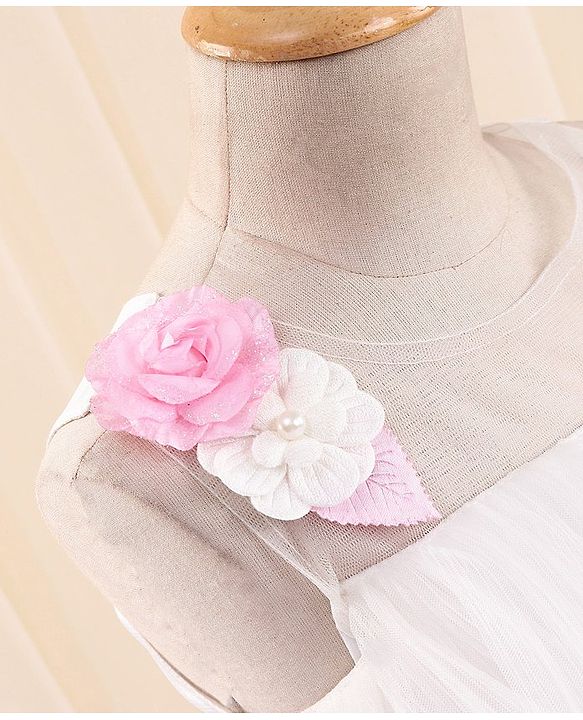 Babyhug Sleeveless Party Frock in Pleated Net with Floral Applique - White