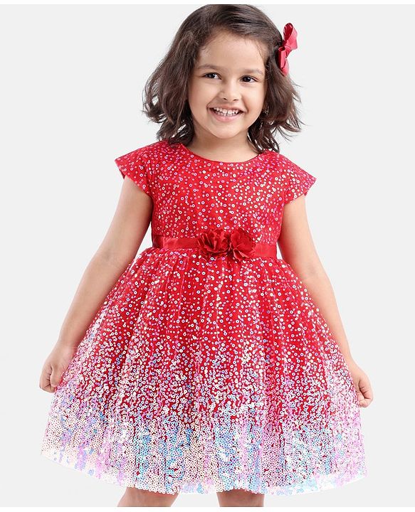 Babyhug Sleeveless Sequined Party Frock with Corsage - Red